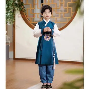2024 корейский ханбок традиционный корейский детский топы + брюки национальный цветочный вышивка этнический набор дети танец костюм косплей