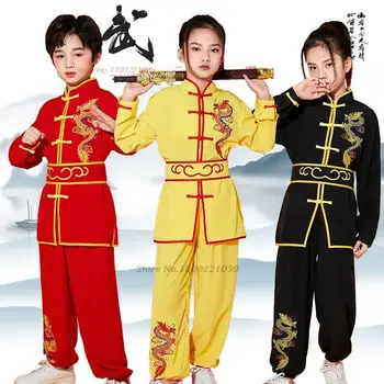 2024 Китайский винтажный детский ушу униформа кунг-фу одежда костюм боевых искусств дракон вышивка воин упражнение народный наряд