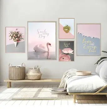 Скандинавский Украшение гостиной Живопись Простые розовые цветы Теплая спальня Прикроватные принты Маленькие свежие фрески на холсте