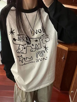  Винтажная футболка с графическим принтом Женская осень с длинным рукавом Пэчворк Топы Женские Японский Стиль Преппи Контрастный Цвет Y2K Уличная одежда