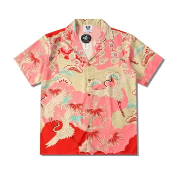 Летняя одежда для пар Винтажная повседневная мужская гавайская пляжная рубашка оверсайз Новая модная мужская журавлиная печать с коротким рукавом розовые рубашки