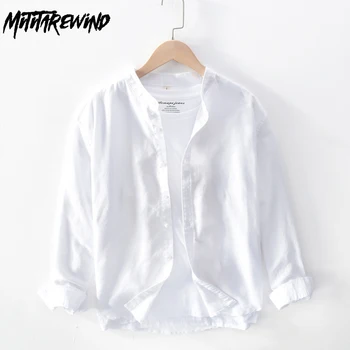 Японская простая мужская белая рубашка с длинным рукавом повседневная повседневная универсальная верхняя стойка с воротником хлопковая льняная рубашка дышащая мягкая одежда