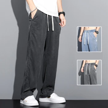 Новый мягкий тканевый шнурок эластичная талия мужские джинсы свободные прямые брюки тонкие корейские повседневные большой размер M-5xl