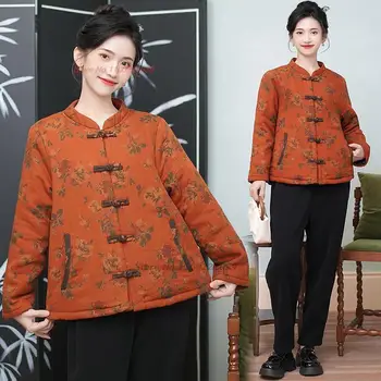 2024 китайское винтажное пальто ханьфу воротник-стойка утолщение теплая куртка традиционный цветочный принт китайская ретро-куртка с хлопковой подкладкой