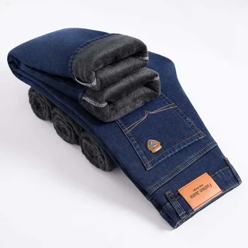2022 Зимние бренд Fit Прямые флисовые толстые теплые джинсы Классический значок Молодежные мужские деловые повседневные джинсы с высокой талией