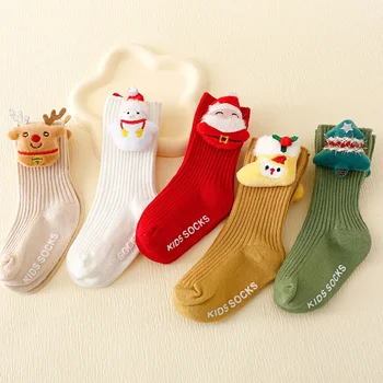 Детские рождественские носки Four Seasons Candy Color Floor Socks Double Needle Vertical Stripes Baby Mid-tube Spot Нескользящие носки