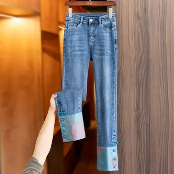 2024 китайские универсальные джинсы женские винтажные восточные вышивки сращивание мода леди прямые брюки улучшенные тангсьюты брюки