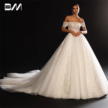 С открытыми плечами Бальное платье Свадебное платье с вышивкой Аппликации Роскошное свадебное платье с длинным хвостом Халат Платья невесты De Mariee