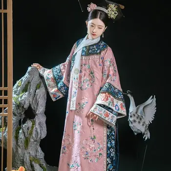 4 цвета Улучшенное длинное платье Cheongsam с цветочным принтом династии Цин Женская одежда Китайский дворец Свободное платье с длинным рукавом Hanfu