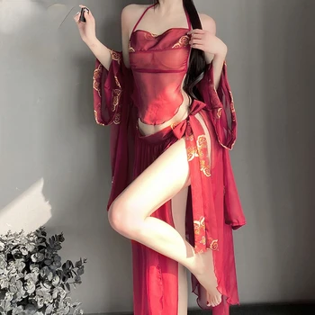 Красный Ретро Сексуальная юбка Ханьфу Комплект Китайская Традиционная Женская Тонкая Пижама Платье Ролевая Игра Древний Стиль Невеста Униформа Искушение