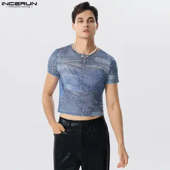 INCERUN Топы 2023 Американский стиль Красивый Мужские футболки с принтом из джинсовой ткани Повседневные мужские Camiseta S-5XL