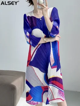 ALSEY Miyake Плиссированное Модное Принт Повседневное Платье Для Женщин Дизайн Круглый Вырез С Длинным Рукавом Повседневные Платья Элегантная Одежда