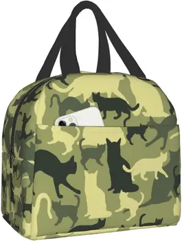 Изолированная сумка для обеда Многоразовый холодильник Thermal Cat Camouflage Военная зеленая сумка-шопер с передним карманом для путешествий, работы, пикника