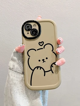 корейский милый любовный медведь жидкий силиконовый чехол для телефона для iPhone 15 Pro Max 14 13 12 11 Задняя крышка с круглым краем и меховым кулоном