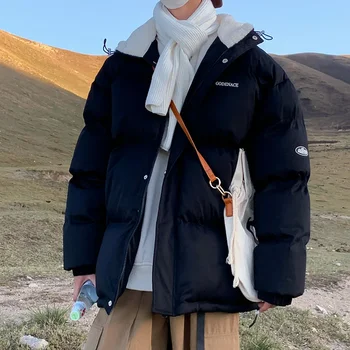 Уличная одежда Зимние мужские парки Шерстяное стеганое пальто Корейский свободный с капюшоном Теплая утолщенная мужская повседневная верхняя одежда