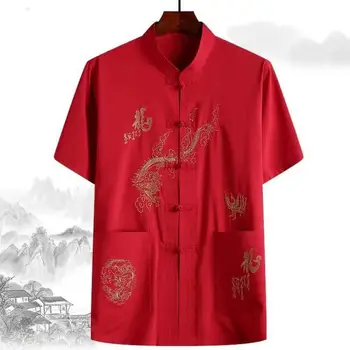  Мягкая китайская рубашка с воротником Мужская китайская традиционная льняная рубашка с пряжкой ручной пластины Восточный для комфорта