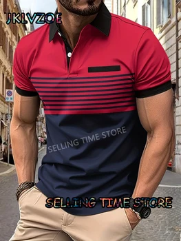 High End Stripe Красная мужская рубашка-поло с лацканом Лето 2024 Новая футболка Корейская мода Повседневная Призвание Универсальная одежда