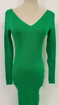 V-образный вырез Бедро Низ Выше колена Свитер Юбка-свитер Осенне-зимнее трикотажное платье для похудения для женщин