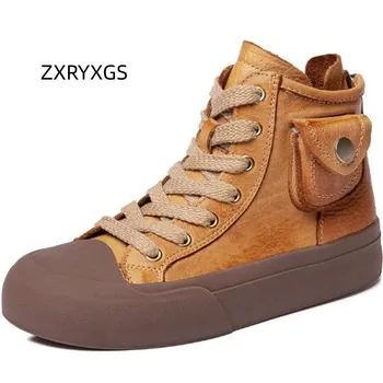 ZXRYXGS Premium 100% натуральная кожа Высокие кроссовки Трендовые ботинки 2023 Британские женские кроссовки с крестовым ремешком Обувь на платформе