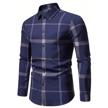 2 цвета! 2023 Осень Мужские рубашки высокого качества Новая тенденция Мода Поло Шея Полосатый Дизайн Мужская рубашка с длинным рукавом
