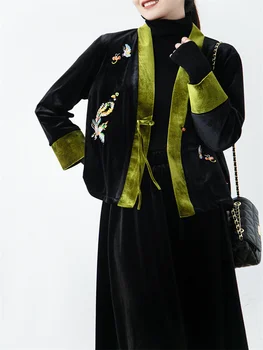 Китайский стиль Женские куртки Винтаж с V-образным вырезом Пряжка Свободный Ретро Бархат Кардиган Черный Элегантный Феникс Большой Размер Короткая Куртка