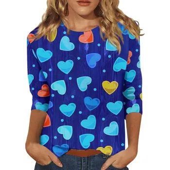 Женская футболка Симпатичные женские футболки с принтом сердца Повседневные топы с семиточечным рукавом Harajuku Модные футболки Женские пуловеры