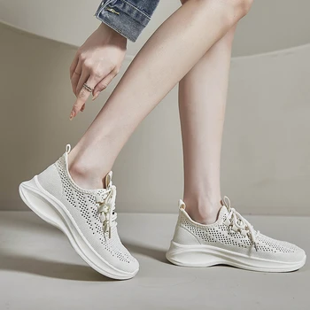 Женская обувь 2023 Модная сетчатая женская вулканизированная обувь Летние дышащие женские кроссовки Твердые женские кроссовки на шнуровке