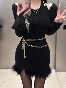2023 Весеннее трикотажное платье-свитер Женщины Сексуальное тонкое цельное платье Корейская мода Элегантное облегающее черное мини-платье Y2k Женское