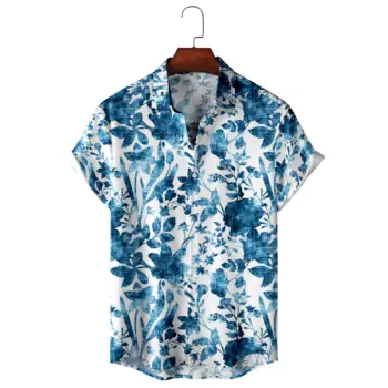 Гавайская мужская рубашка с цветочным принтом Лето с геометрическим принтом Топ с короткими рукавами Оверсайз Приморский праздник Однобортная повседневная одежда