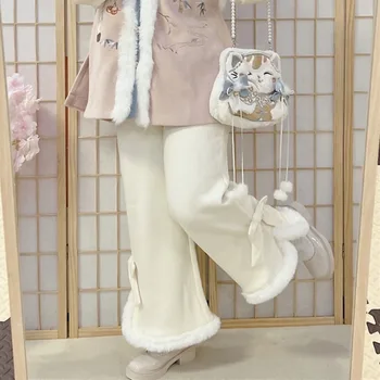 Осень-зима Японский Kawaii Черный Белый вельветовый бант Плюшевые теплые брюки Lolita Женские повседневные брюки 2024 года Широкие брюки