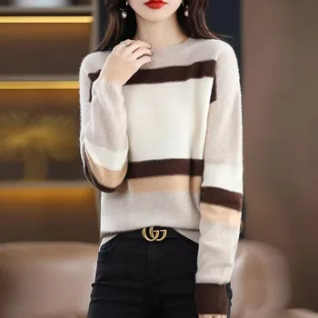 Новая осенне-зимняя мода корейского издания Сращенный контрастный свитер с круглым вырезом и универсальный западный вязаный свитер с длинным рукавом