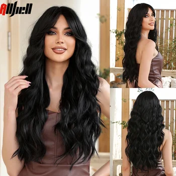 Длинный кудрявый черный парик Лолита с челкой Натуральный пушистый волнистый глубокий вьющийся синтетический термостойкий парик для женщин Ежедневный косплей