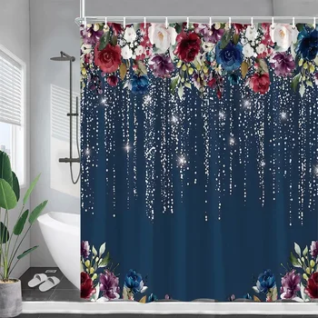 Цветочные занавески для душа Акварель Цветы Растения Зеленые листья Синий набор занавесок для ванны Полиэстер Ткань Декор ванной комнаты с крючками