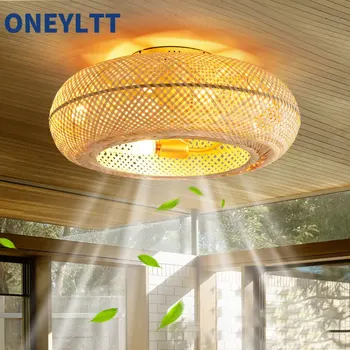 Круглый бамбуковый потолочный вентилятор с подсветкой и управлением Потолочные вентиляторы скрытого монтажа из ротанговой клетки со светодиодной подсветкой для домашней гостиной Спальня