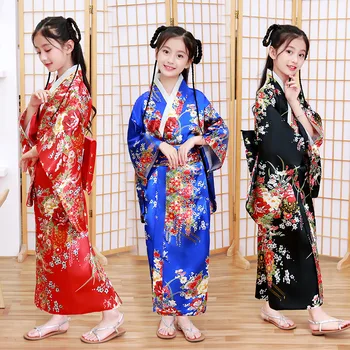 Классическое традиционное платье-кимоно для девочек Юката с обитажем Японский халат Принт Цветок Атлас Косплей Одежда