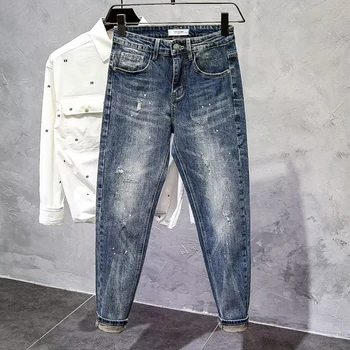  Мужские эластичные джинсы в стиле ретро Новые прямые тонкие джинсовые брюки с маленькими ногами Мужские эластичные брюки