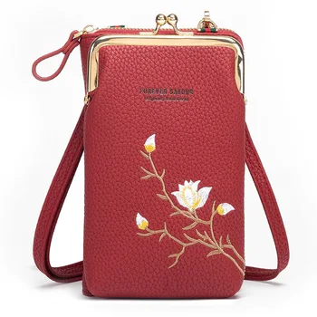 2024 Новая нишевая сумка с вышивкой из искусственной кожи Женская мини-сумка для телефона через плечо Длинная мода женский кошелек
