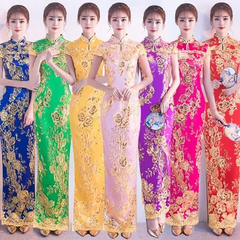 2024 Новый Qipao Вышивка Пайетки Банкетный Платье Женщины Элегантный Cheongsam Винтаж Мандариновый воротник Платья в китайском стиле
