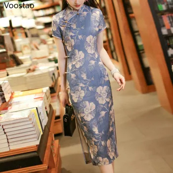 Китайский стиль Традиционное платье Qipao для дам Винтаж Элегантный Цветочный Принт Cheongsams Платья Женщины Шикарные Тонкие Вечеринка Vestidos