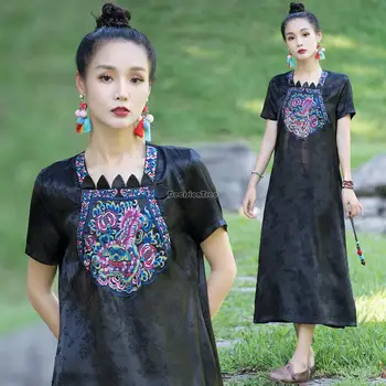 2023 Новое лето Китайский этнический стиль вышитое длинное платье с коротким рукавом Женское жаккардовое модное китайское длинное платье в стиле ретро S419
