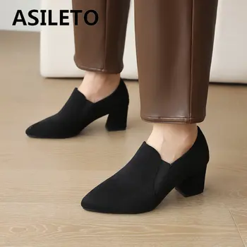 ASILETO Роскошные женские туфли-лодочки с острым носком, коренастые высокие каблуки, 6 см, скольжение в офисе, женская повседневная мода, весенняя обувь, плюс размер 42, 43
