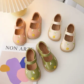 2023 Зеленые туфли для девочек для осени Детская цветочная обувь Мода Детский бренд Принцесса Обувь Платье для малышей Балетки Детские балетки