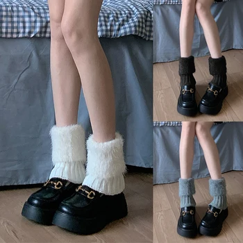 Искусственный мех Гетры Jk Сапоги Носки Женщины Harajuku Y2k Lolita Плюшевый чехол для ботинок Мех Зимний согревающий рукав для ног