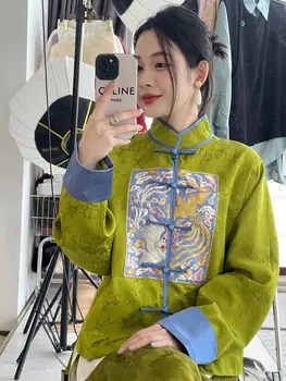 2024 осень новый китайский стиль пиджак пуговица вышитая зеленая рубашка женщины изящные с длинными рукавами блузка мода тангсьюты топ