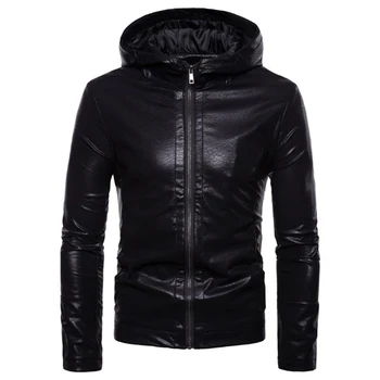 Осенняя куртка Мужская черная кожаная куртка с капюшоном Новая бренд мотоциклетная кожаная куртка на молниях Пальто Jaqueta De Couro Masculina