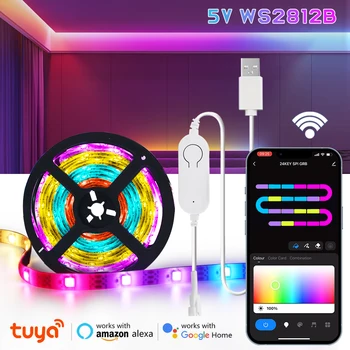 Tuya WiFi 5 В USB WS2812B RGB Dream Color Светодиодная лента Водонепроницаемый телевизор Подсветка Украшение комнаты Светодиодная лента Диодная гибкая лента