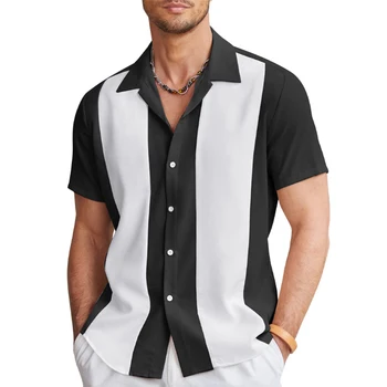  Мужская повседневная винтажная рубашка для боулинга Гавайская полосатая рубашка с коротким рукавом Однобортный воротник на пуговицах с лацканом Свободные рубашки Одежда