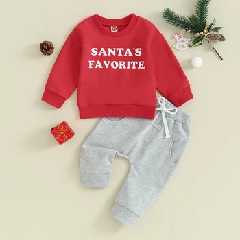  Toddler Boys Рождественские брюки Комплекты Толстовка с длинным рукавом и буквенным принтом Однотонная одежда для новорожденных