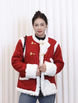 Красная одежда из хлопка в китайском стиле Зимняя хлопчатобумажная куртка Утолщенная модифицированная тибетская женская одежда Пальто