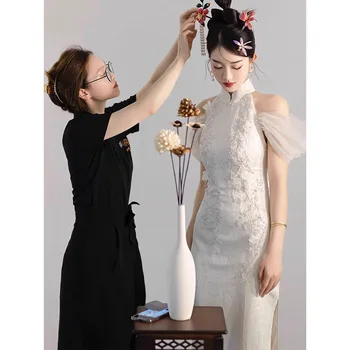 Новые китайские платья Белый Qipao с открытыми плечами Cheongsam Женщины Улучшенное китайское банкетное платье Длинное вечернее платье Vestidos Вечернее платье